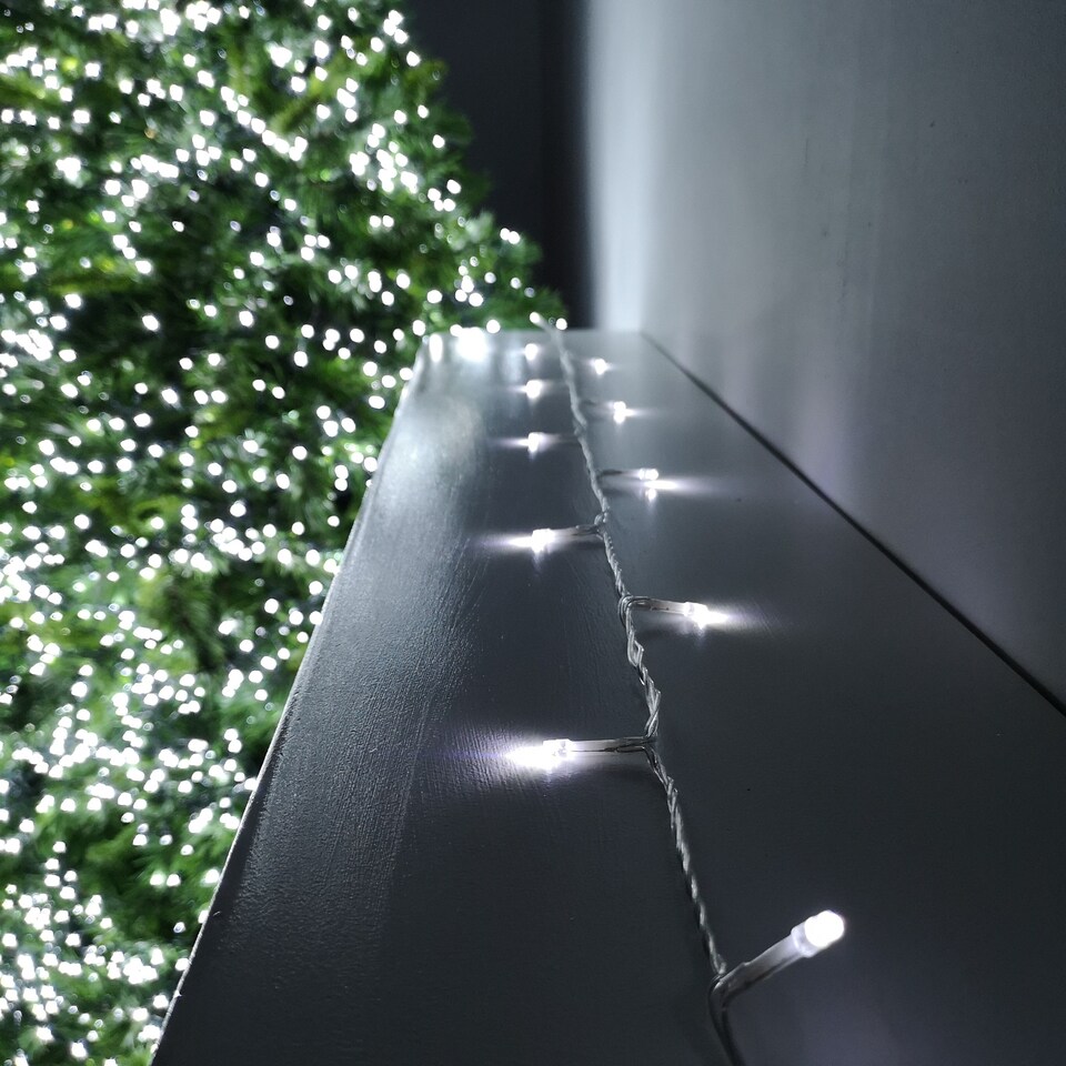 image 1 of 100 LED 10m Premier Christmas Outdoor Multi Function Battery Lights with Timer & Clear Cable in Cool White