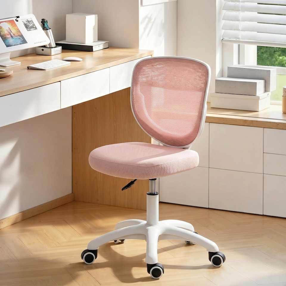 image 1 of HOMCOM Armless Office Chair with Mesh Back, Pink