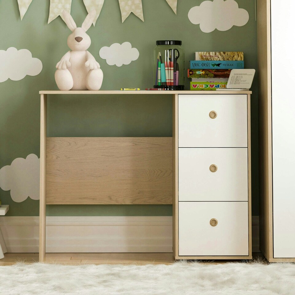 image 1 of Junior Vida Neptune 3 Drawer Desk Computer Desk Home Workstation, White & Oak