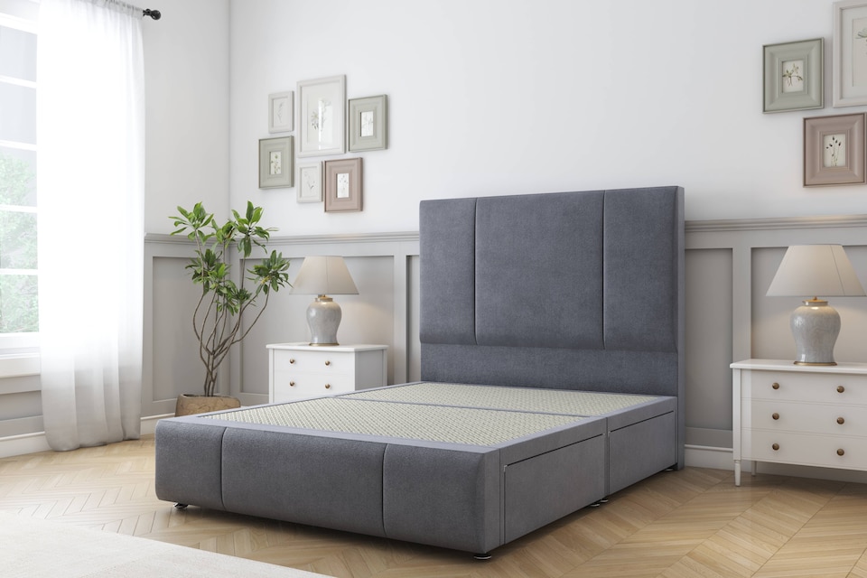 image 1 of Sloomy Lisbon Steel Plush Divan Bed Base 2 Drawers Foot-End With 54 Inch Floor Standing Headboard & 12 Inch Matching Footboard | Grey | Steel | Double | 1