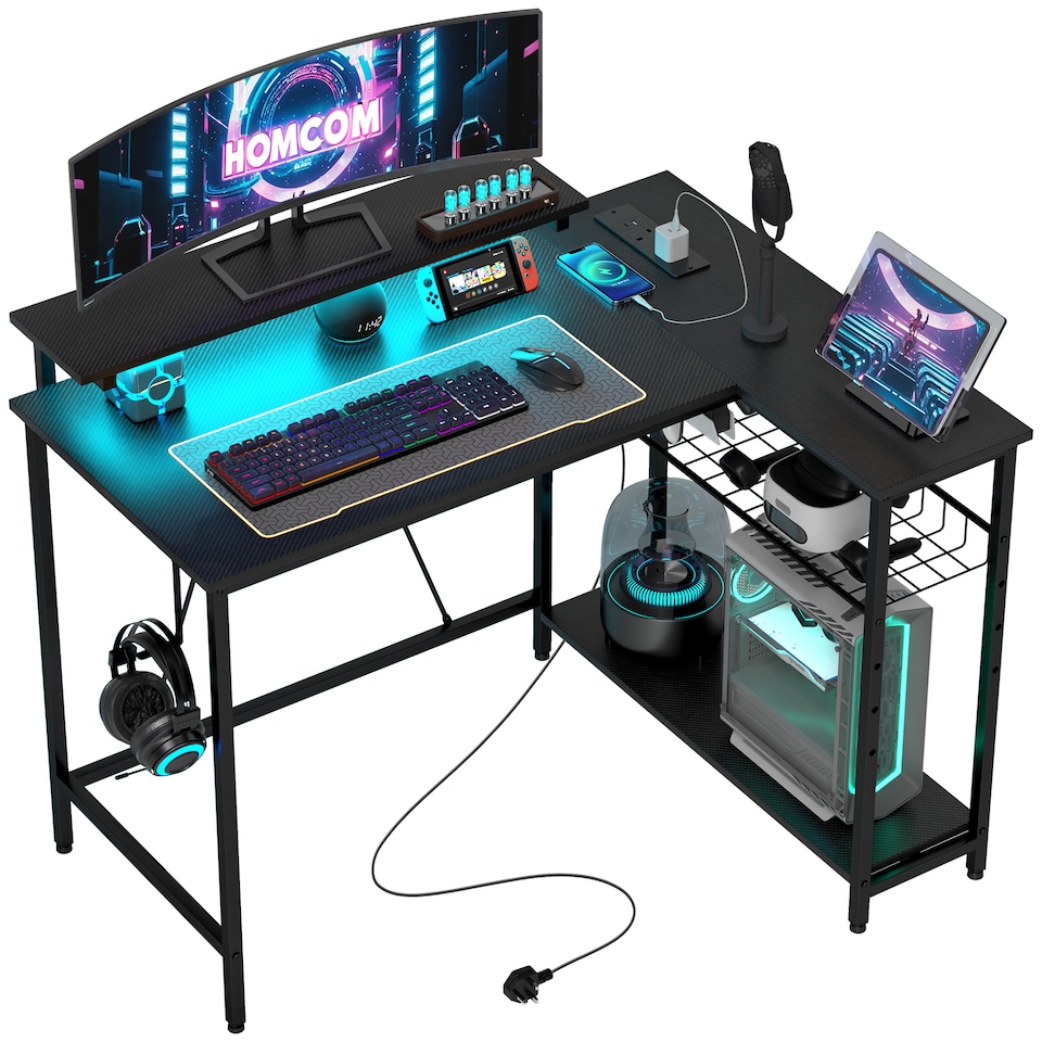 image 1 of HOMCOM L Shaped Gaming 107cm Corner Desk with LED Lights and Storage, Black
