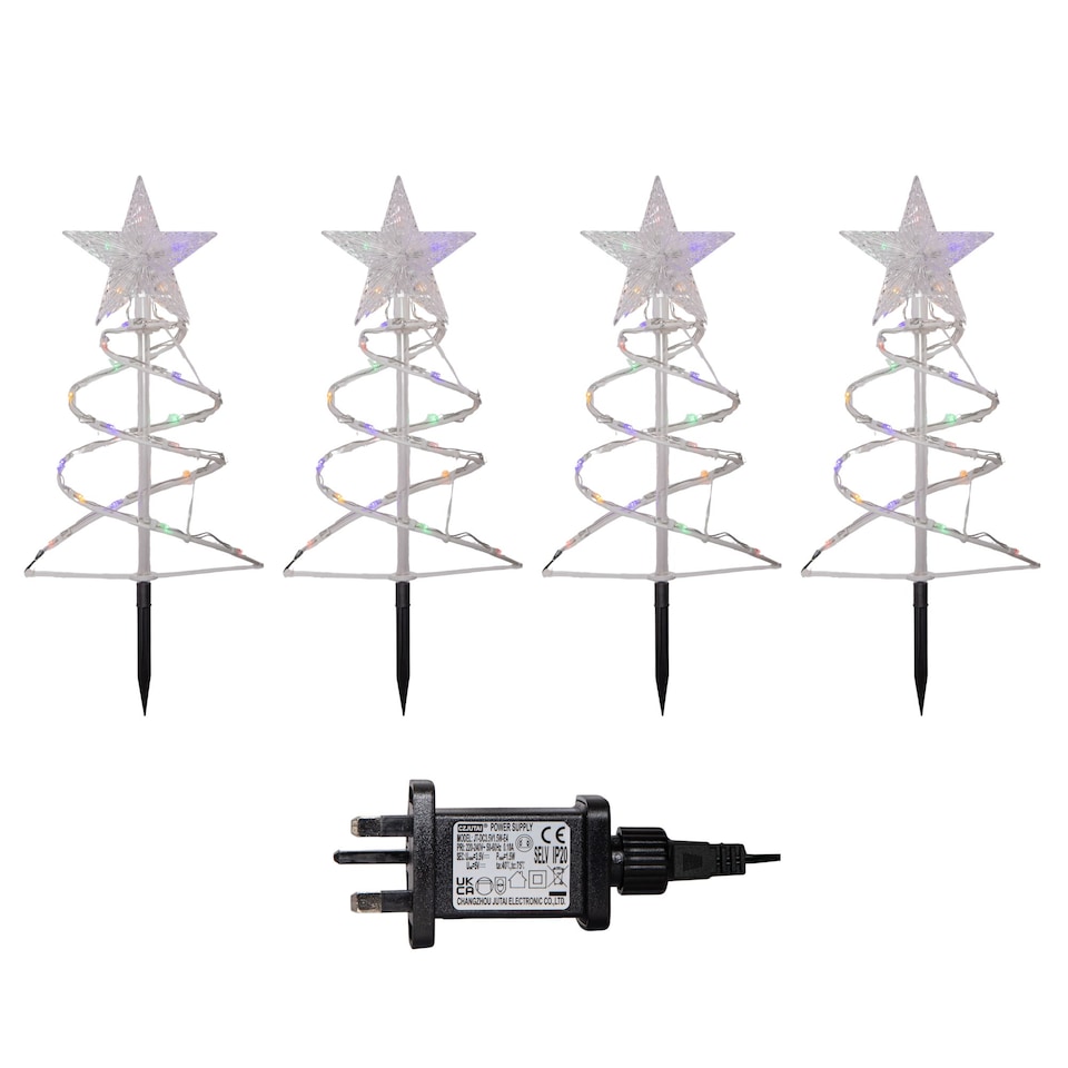 image 1 of 45cm Set of 4 Light up White Spiral Christmas Tree Garden Path Lights with 100 Multi-Coloured LEDs