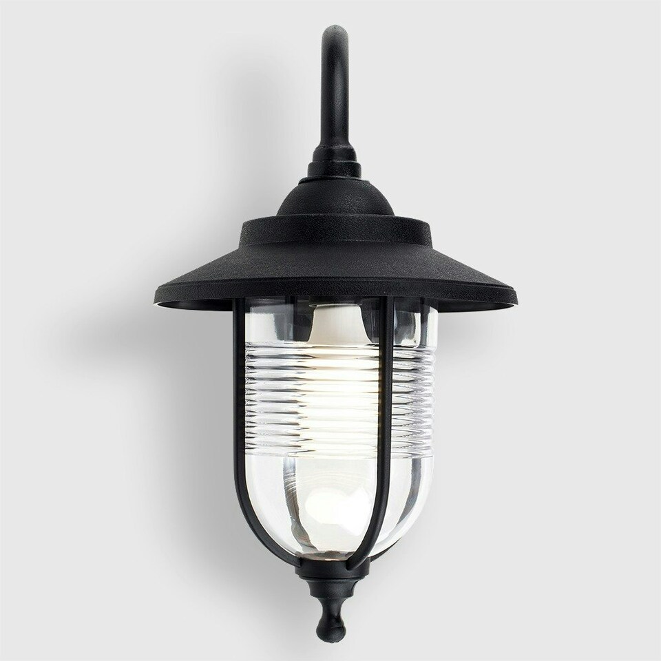 image 1 of ValueLights Black Outdoor Swan Neck Wall Lantern with 6W Warm White Bulb Black