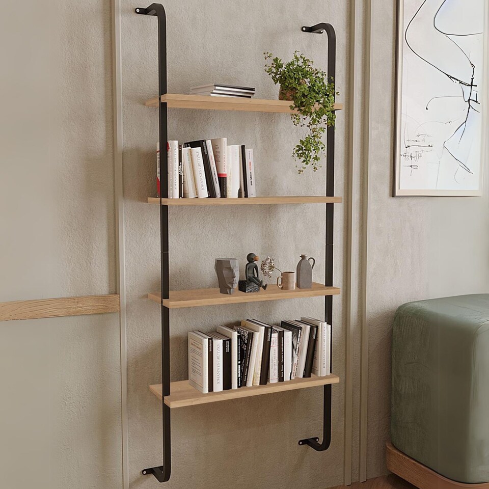 image 1 of 4 Shelf Wall Mounted Wooden Bookshelf With Metal Frame | Multi | Sapphire Oak | One Size | 1