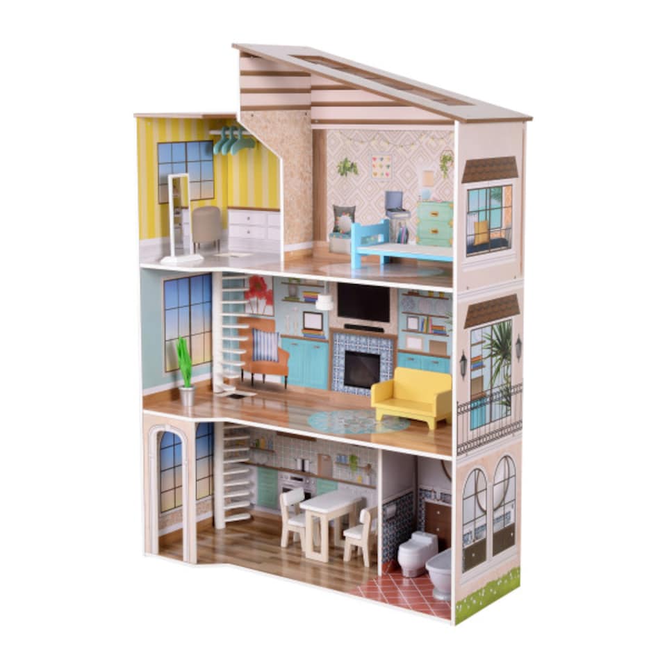 image 1 of Teamson Kids Wooden Mediterranean 3 Storey Doll House for 12" Dolls, Dollhouse