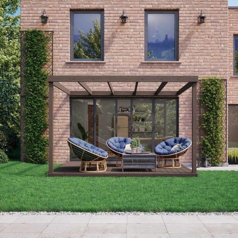 image 1 of Box Wall Mounted Pergola and Decking Kit - Wood - L360 x W360 x H270 cm - Rustic Brown