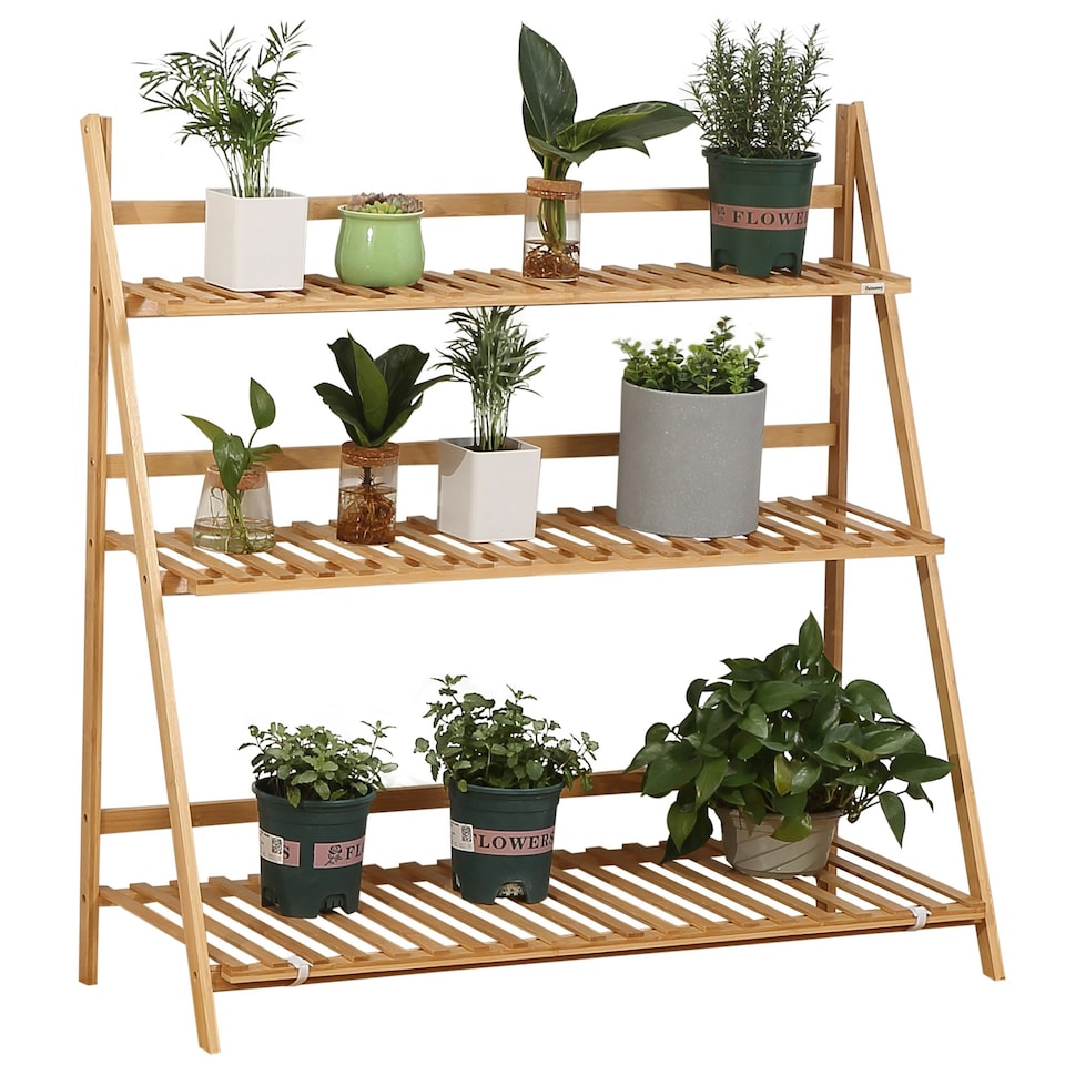 image 1 of Outsunny 3-Tier Folding Bamboo Plant Stand Display Rack Indoor Outdoor