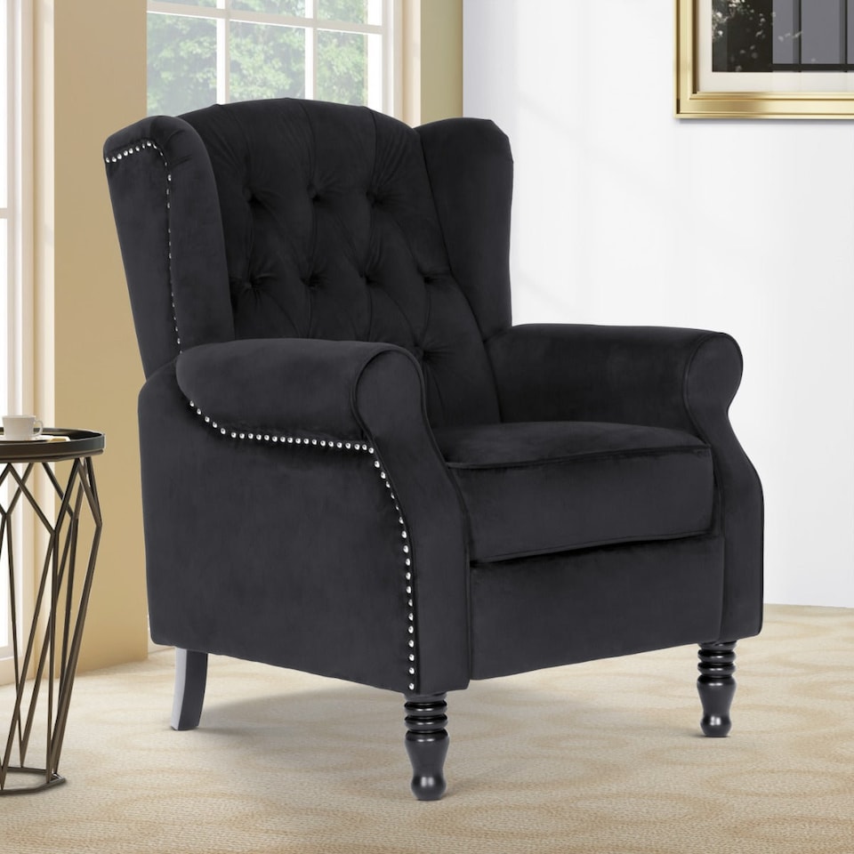 image 1 of Velvet Black Marianna Manual Recliner Wingback Chair