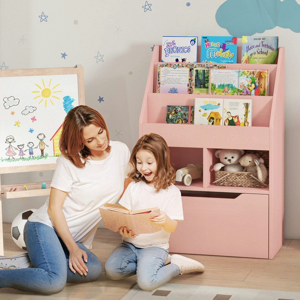 image 1 of HOMCOM Kids Bookcase, Toy Box w/ Storage Drawer, Wheels for Bedroom - Pink