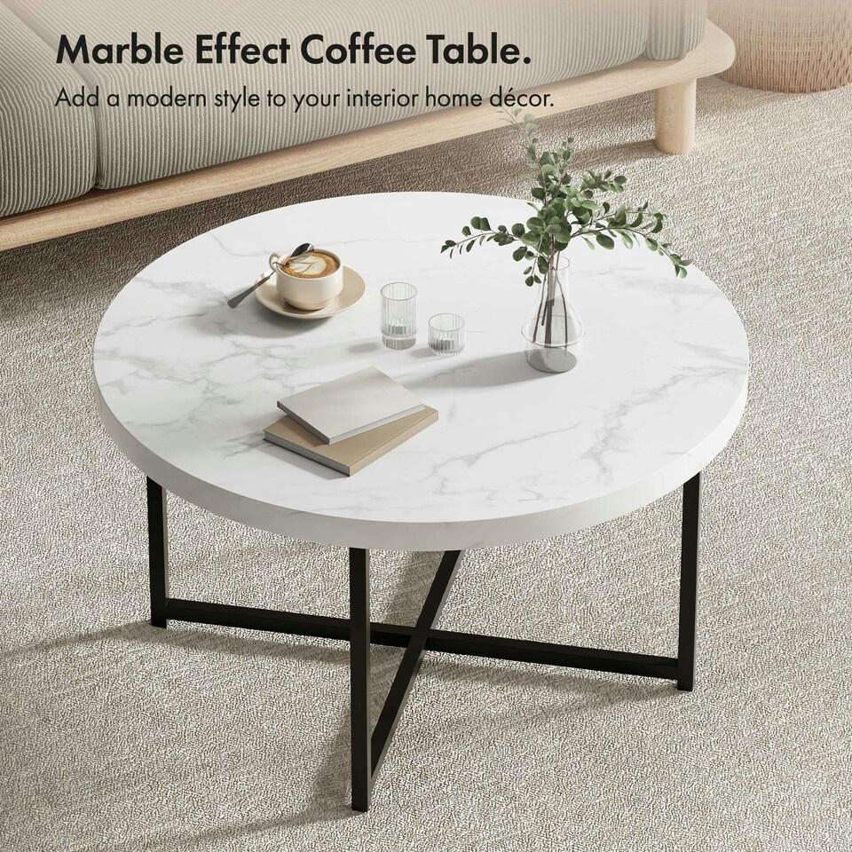 image 1 of VonHaus Mosley Round Coffee Table with White & Grey Marble Design White | Grey