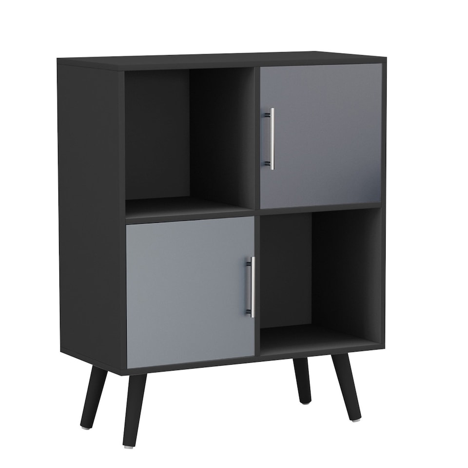 image 1 of Black 4-Cube Storage Unit with 2 Metal Handle Doors and Legs | Grey | Grey & Black | 1