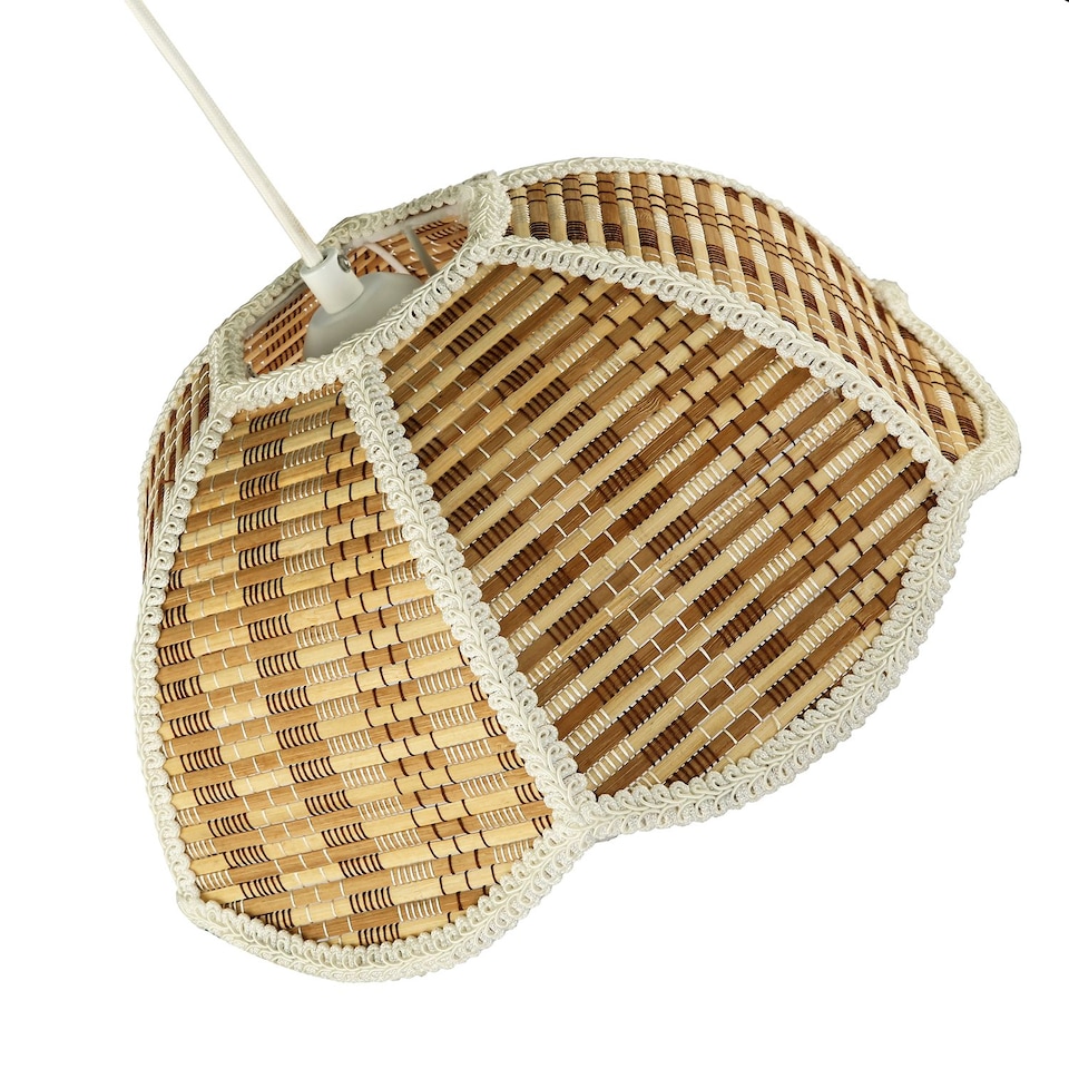 image 1 of Vintage Victorian Rattan Pendant Shade with White Embroidered Trim | Brown | Brown | 1
