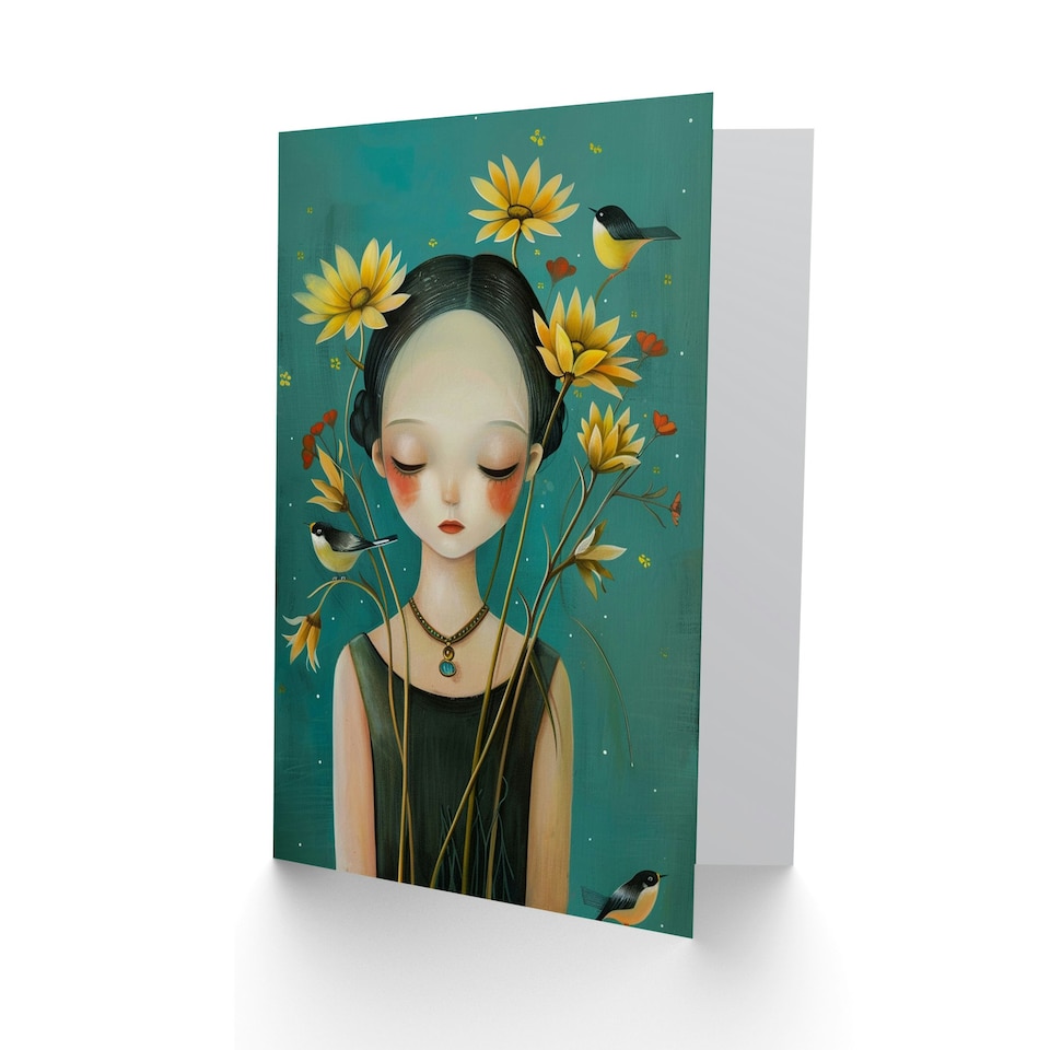 image 1 of Young Snow White Girl Birds Floral Portrait Her Birthday Card