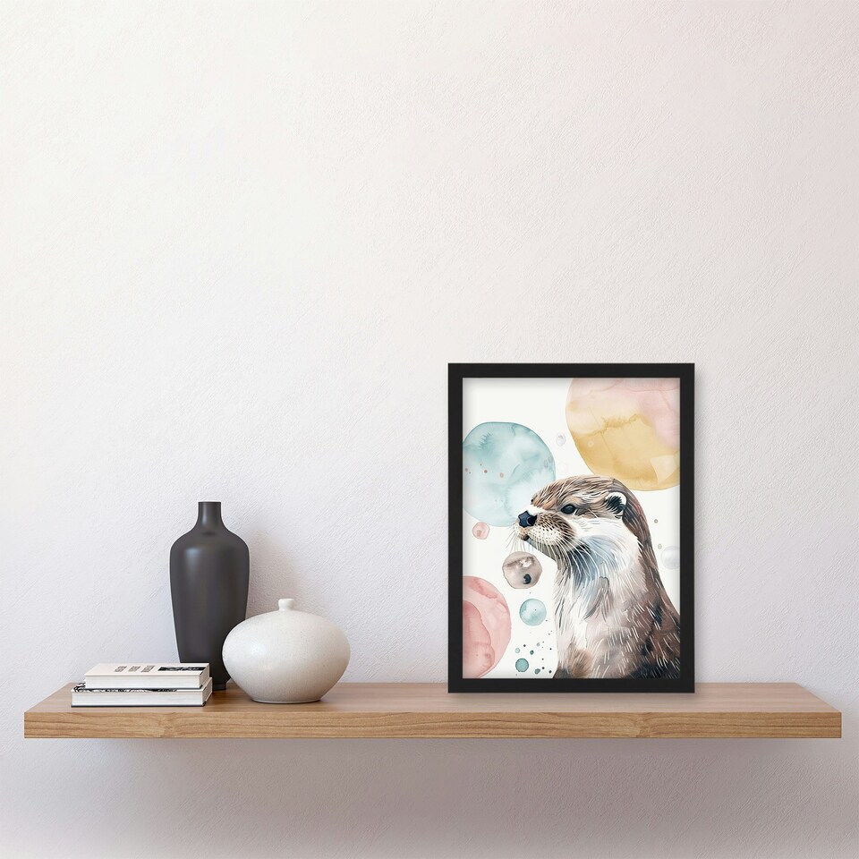 image 1 of Otter Portrait Modern Watercolour Bubbles Black Framed Wall Art Print A4