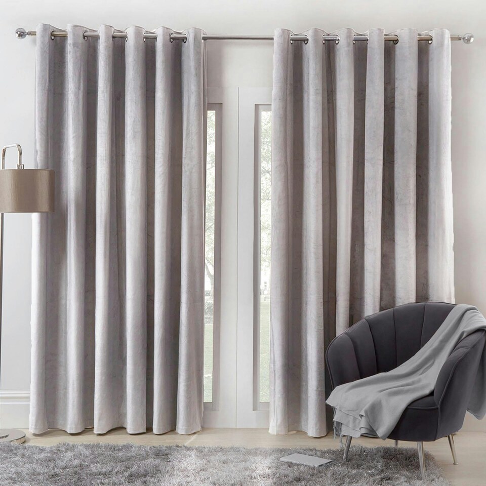 image 1 of OHS Capri Matte Super Soft Velvet Lined Eyelet Curtains, 90x90" - Silver