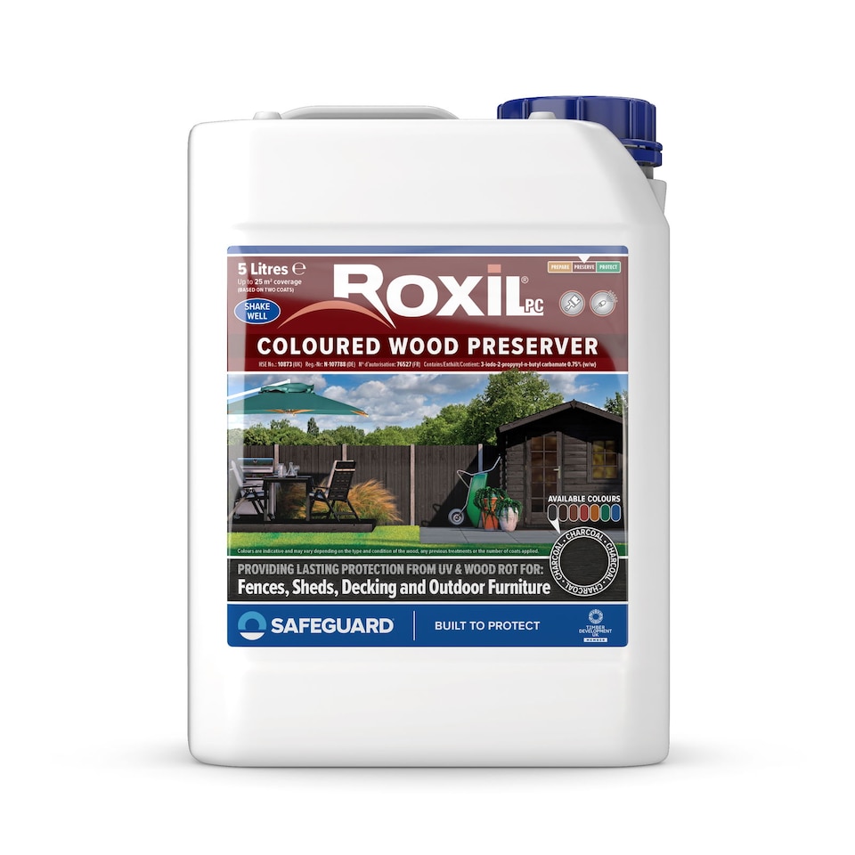 image 1 of Roxil Wood Stain Preserver (5L Charcoal) - 5 Year Protection for Indoor & Outdoor Decking, Fence, Shed, Furniture.25 m Coverage