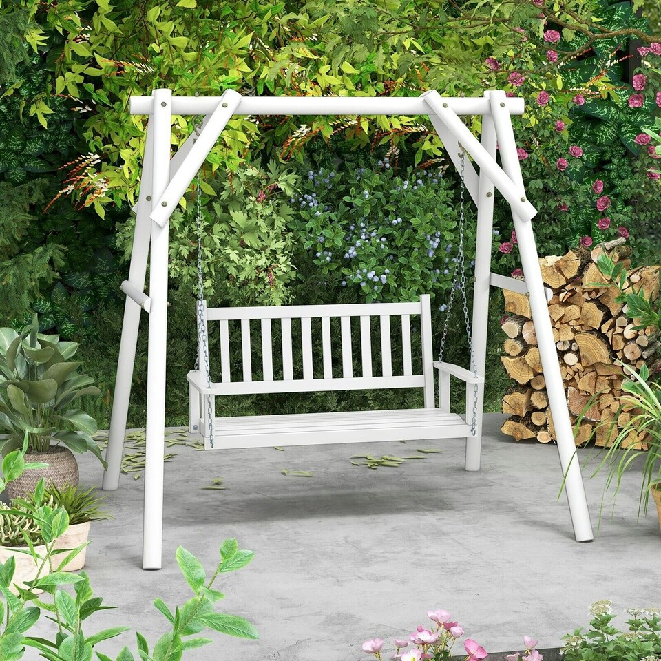 image 1 of COSTWAY 2-Person Porch Hanging Swing Chair Bench w/Back White | White