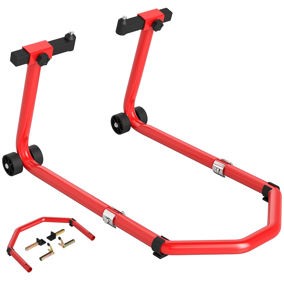 image 1 of HOMCOM Motorcycle Stand Lift, 390 kg Capacity Convertible Front/Rear Motorbike Motorcycle Paddock Lift Stand with Adjustable U+L Fork Pin Adaptors, Wheels, Clamping Clips, Red