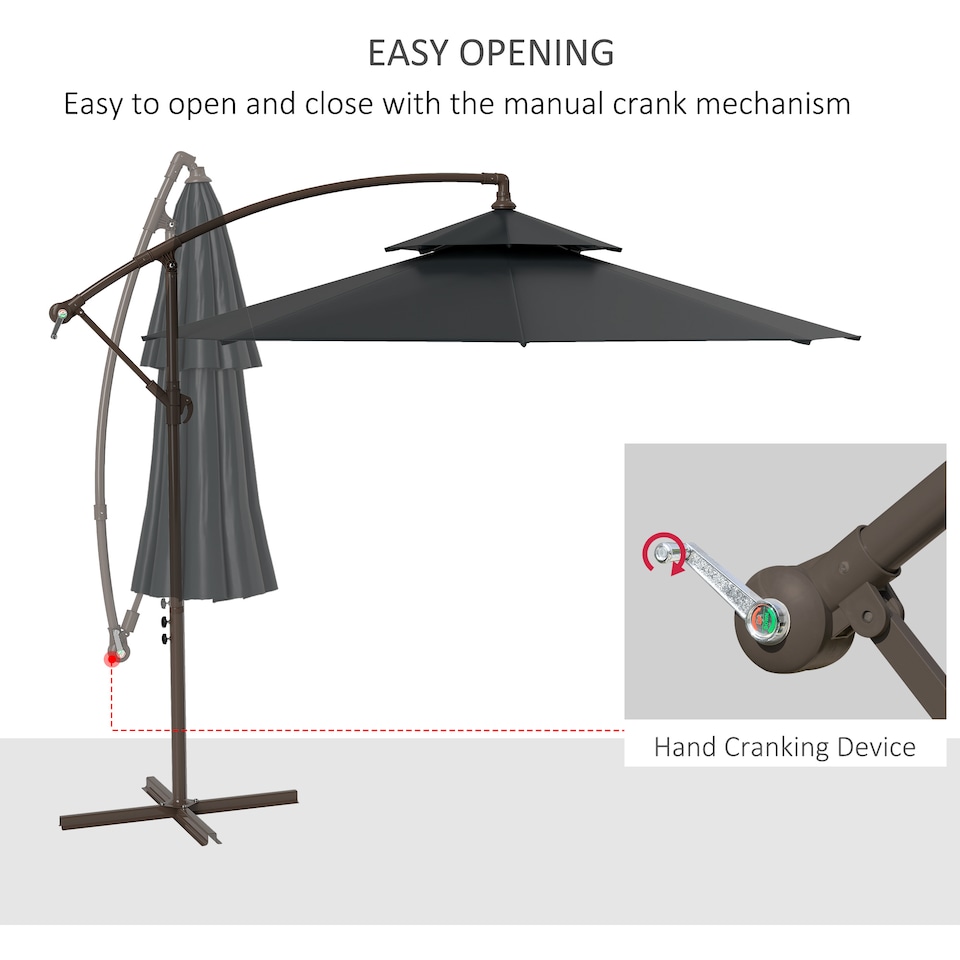 image 1 of Outsunny 2.7m Garden Banana Parasol Cantilever Umbrella with Crank Handle, Double Tier Canopy and Cross Base for Outdoor, Hanging Sun Shade, Black