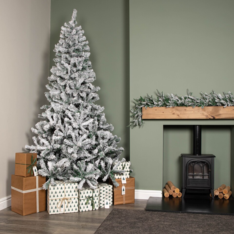 image 1 of 8ft (2.4m) Snow Flocked Artificial Christmas Tree with Green Metal Stand and 1017 Tips