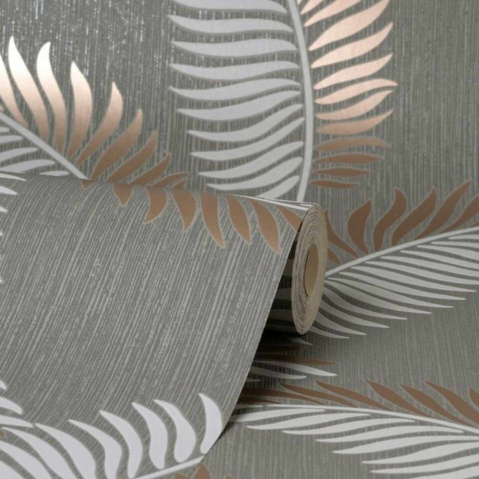 image 1 of Fine Decor Cascade Leaf Wallpaper - Grey/Rose Gold - 10m x 53cm Grey