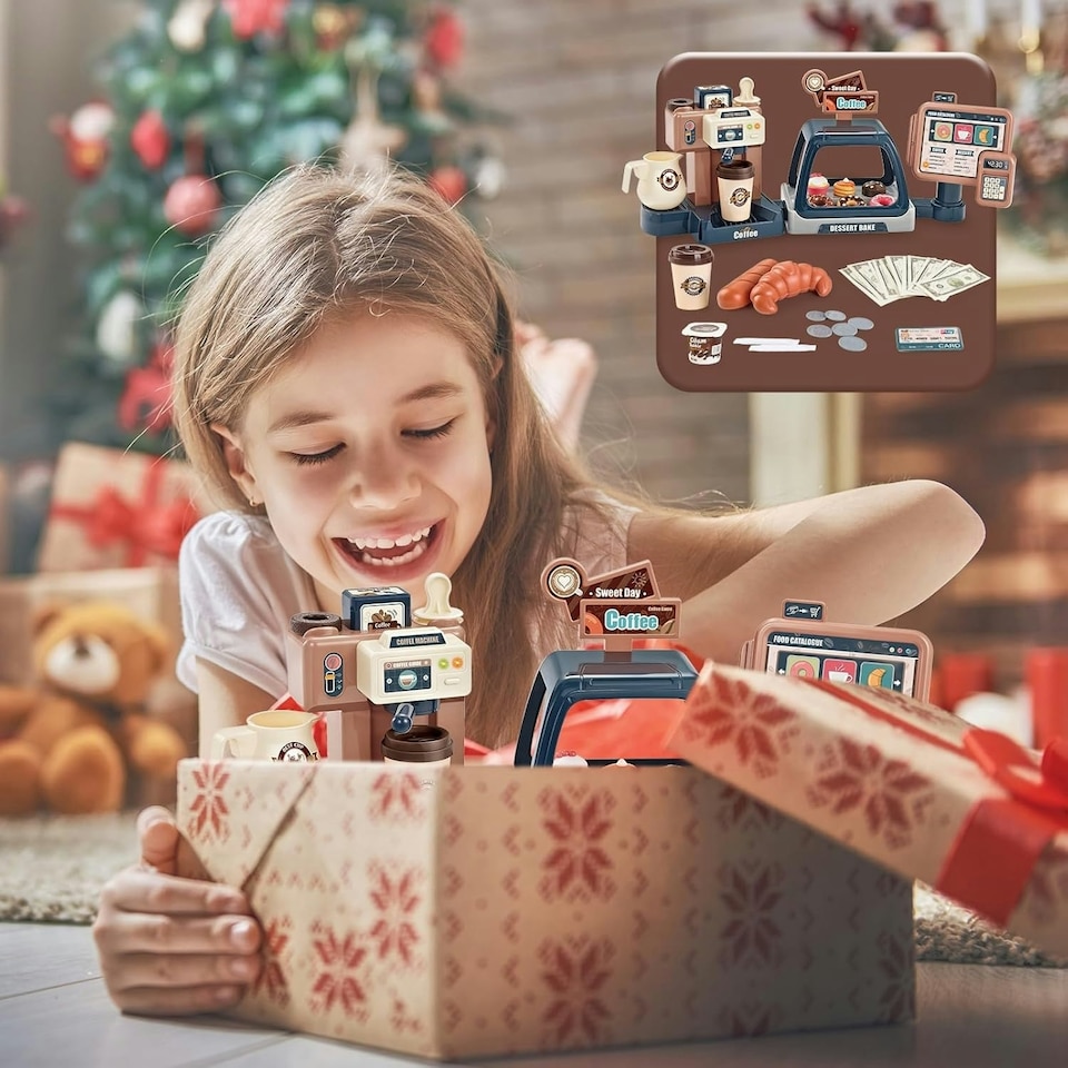 image 1 of Pretend Kitchen Coffee Playset with Cash Register, Coffee Maker & Accessories - Toddler Role Play Toy for Kids 3 plus