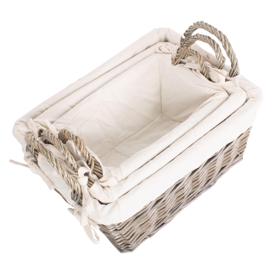 image 1 of Set of 3 Antique Wash Wicker Handled Lined Storage Basket | White | White | Not provided