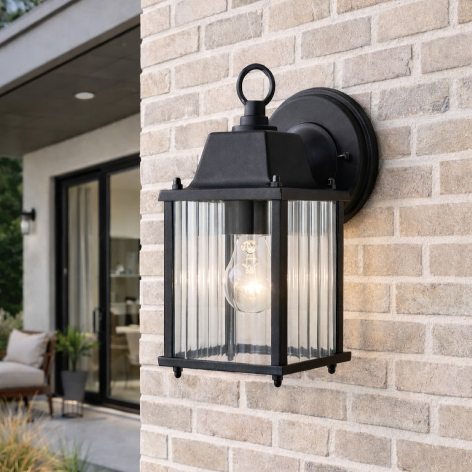 image 1 of CGC Santiago Mini Matt Black Coach Lantern Wall Light with Ribbed Glass