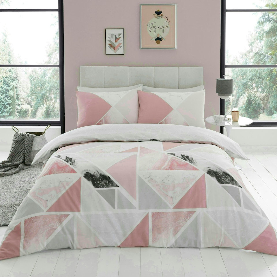 image 1 of VELVETIO Mila Geometric Duvet Cover Set Reversible Polycotton Easy Care Beddings Pink | Double