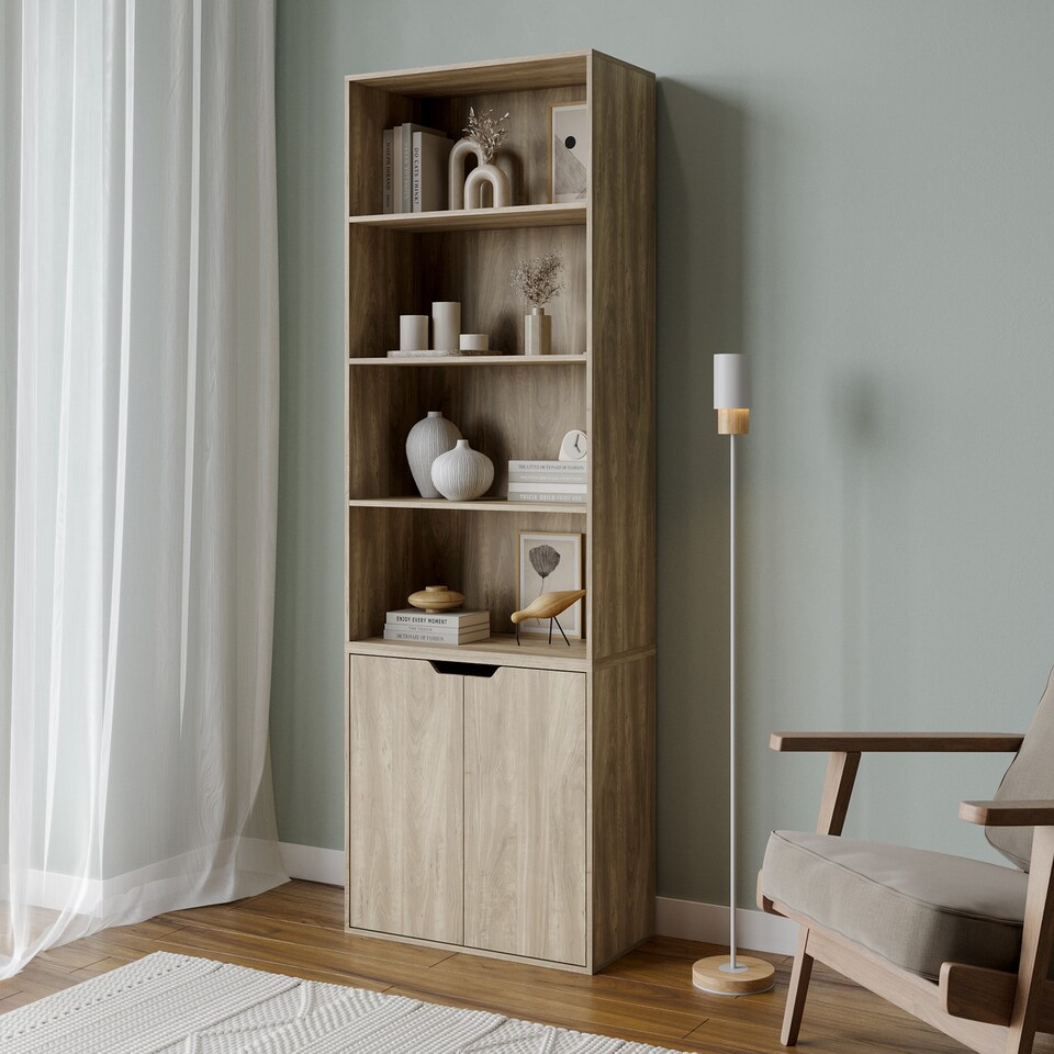 image 1 of 6-Tier Bookcase with 2-Doors | Brown | 1