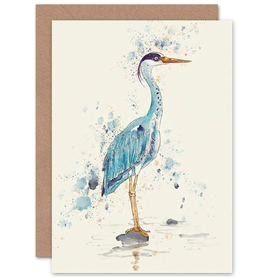 image 1 of Heron Bird Watercolour Paint Splat Animal Greeting Art Card