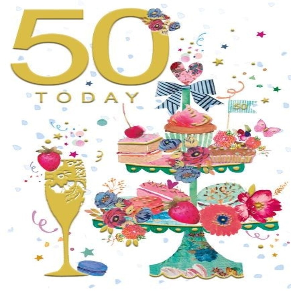 Words 'n' Wishes Traditional 50th Birthday Card for A Woman, 50 Today, Cakes, 8.5 x 6 Inches, Words 'n' Wishes