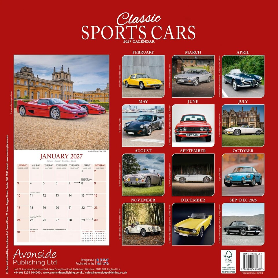 image 1 of Classic Sports Cars Calendar 2027, Wall Calendars, Month To View, Transport, Gift