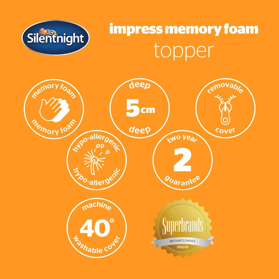 image 1 of Silentnight Impress 5cm Thick Memory Foam Mattress Topper, Hypoallergenic, Orthopedic, King