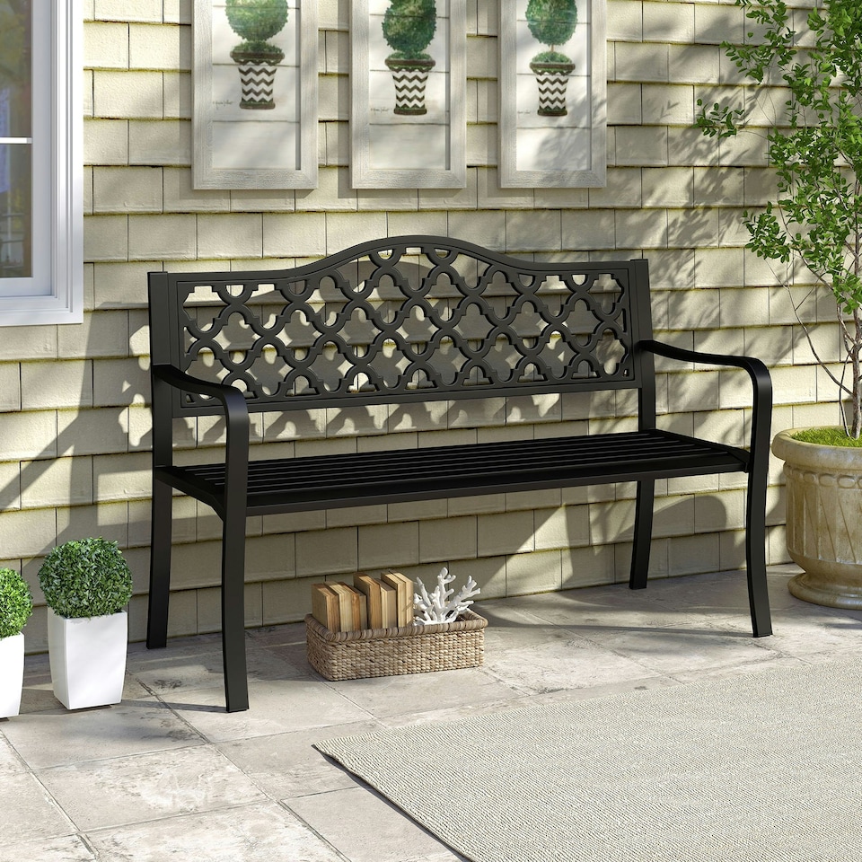 image 1 of COSTWAY 128CM Patio Bench Slatted Metal Garden Loveseat Black