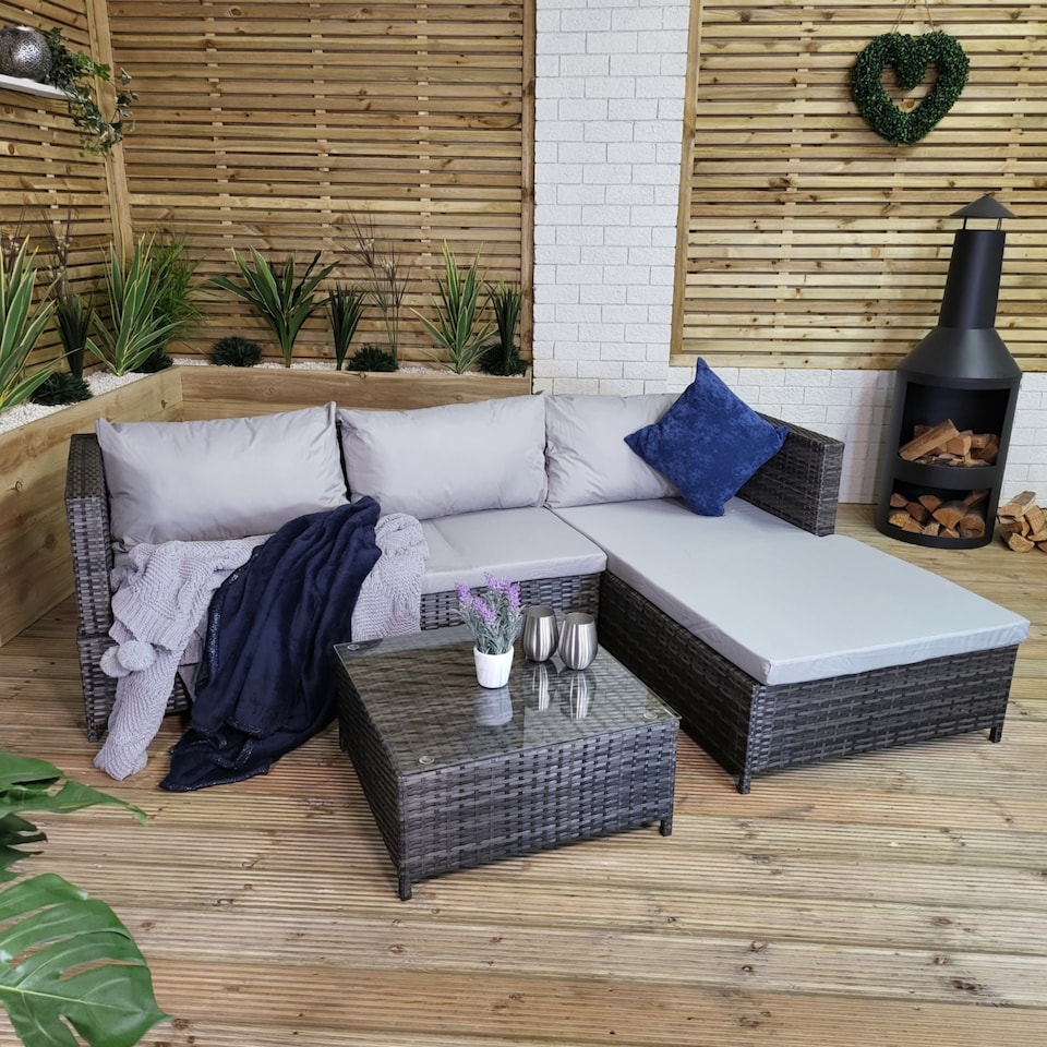 image 1 of 3PC 4 Seater Brown Rattan Chair Garden Sofa Set Daybed With Grey Cushions and Glass Top Coffee Table