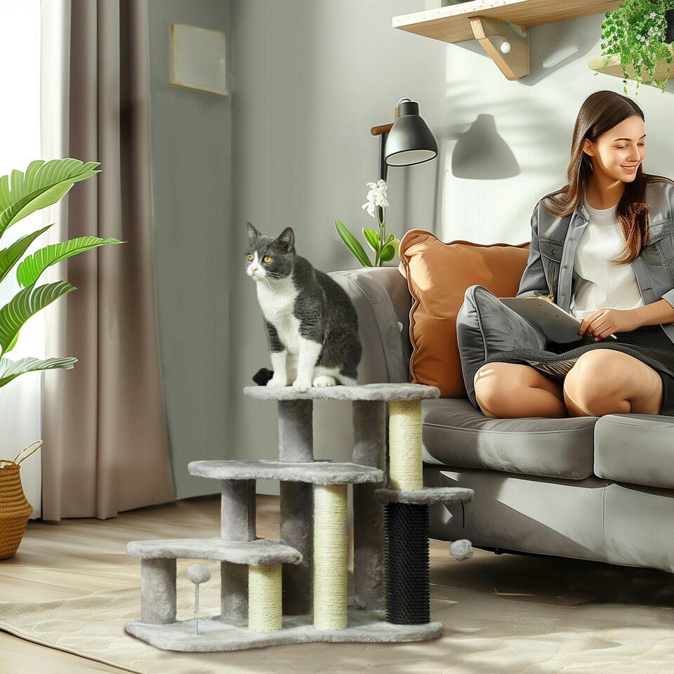 image 1 of PawHut Dog Cat Stairs Pet Steps for Bed Sofa with Scratching Post Light Grey