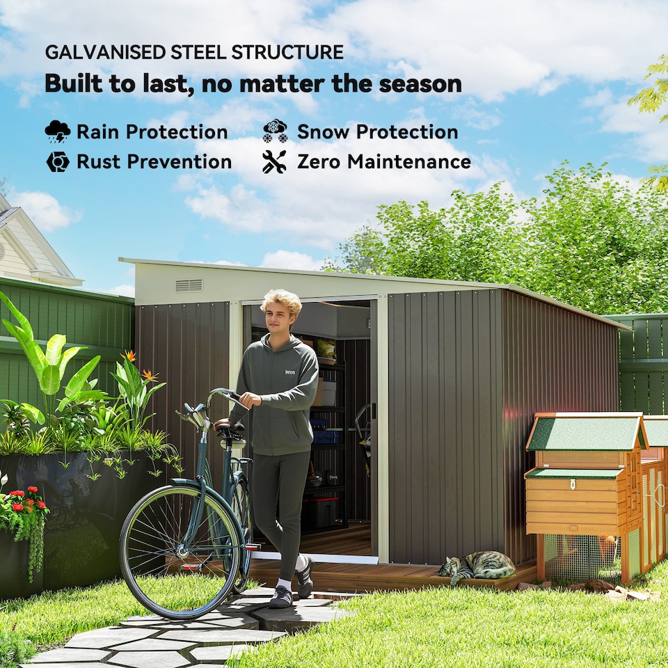 image 1 of Outsunny 11.3x9.2ft Steel Garden Storage Shed w/ Sliding Doors & 2 Vents, Grey | Grey