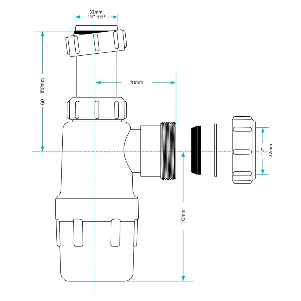 image 1 of SPARES2GO Telescopic Waste Bottle Trap 32mm 1.25" Basin Bidet Urinal Bathroom Kitchen Sink 75mm Seal