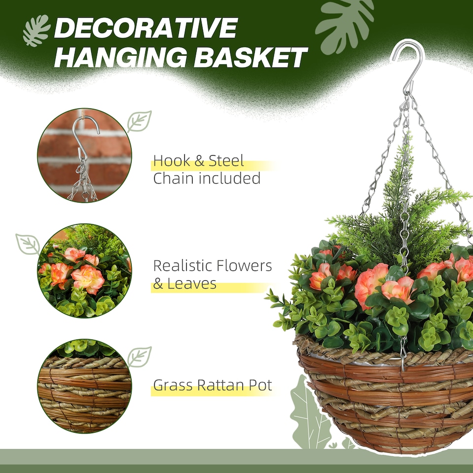 image 1 of Outsunny Pack of 2 FauPlant Artificial Lisianthus Flowers Hanging Planter with Basket for Indoor Decoration, Orange