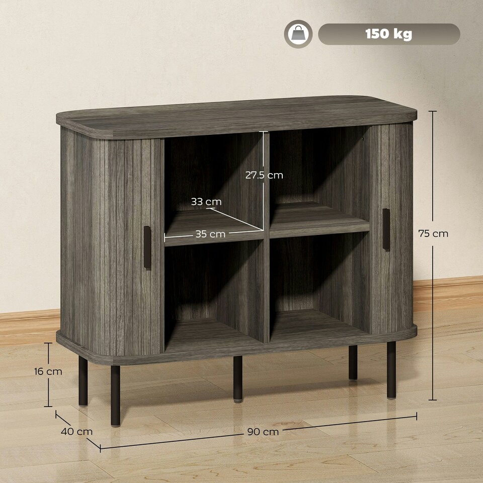 image 1 of HOMCOM Sideboard Storage Cabinet with Slatted Tambour Sliding Doors Grey Grey | Black