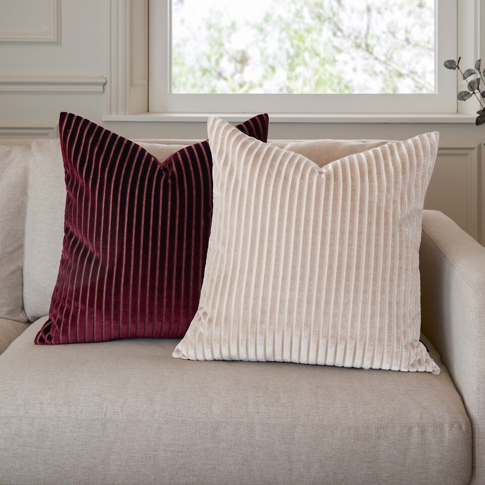 image 1 of Paoletti Savoy Stripe Velvet Cushion | Cream | Oyster