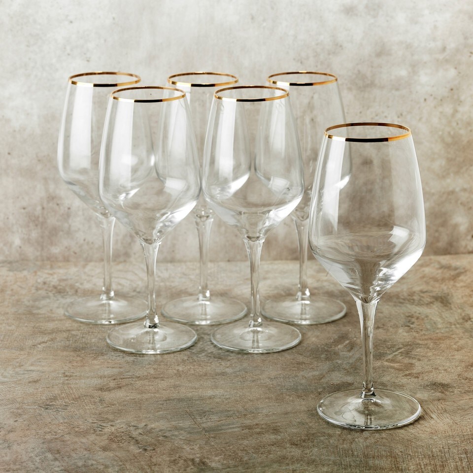 image 1 of Gold Rim Wine Glasses Champagne Flutes Glassware Set Red White Goblets | Clear | 12x 470ml Wine Glass