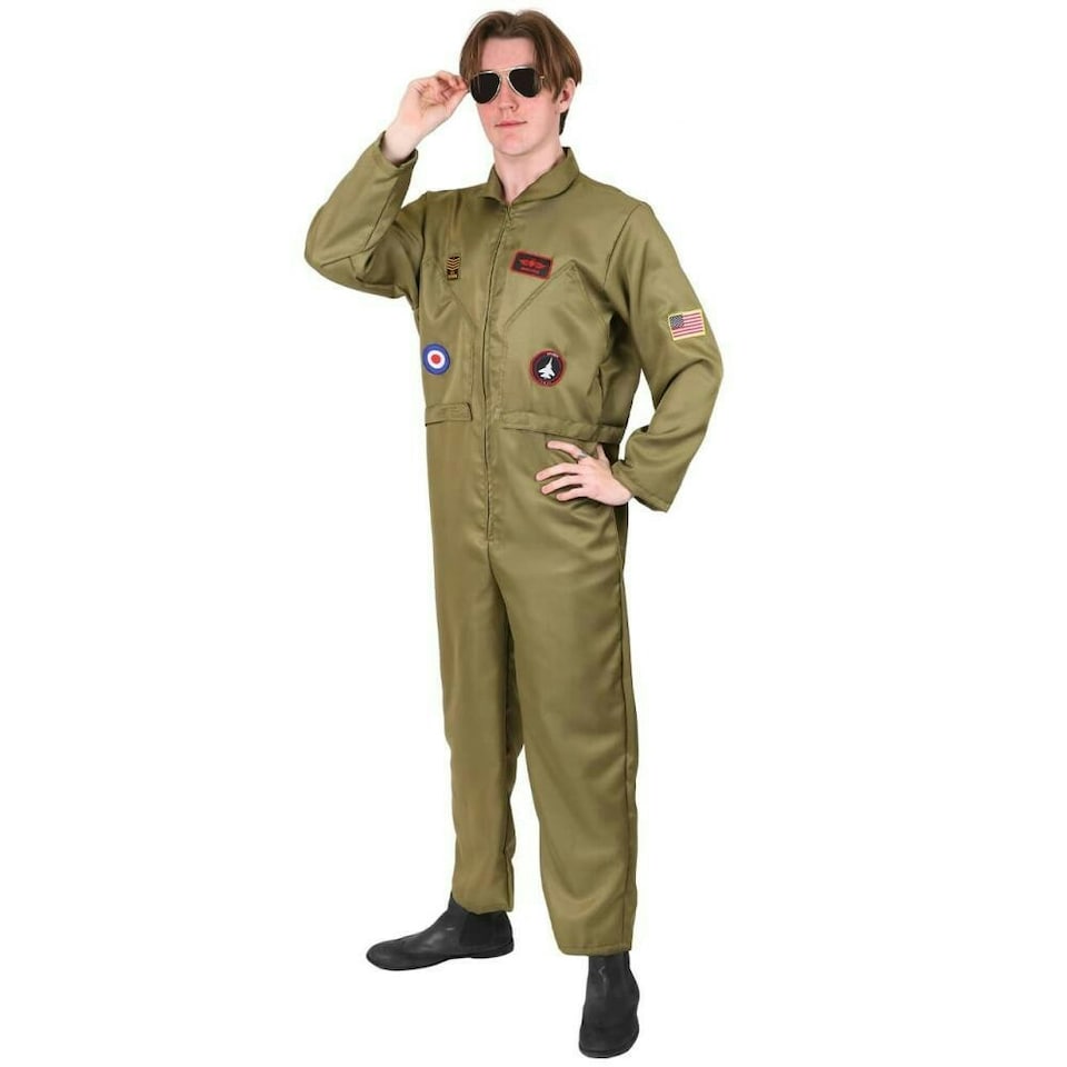 image 1 of Men's Aviator Fighter Pilot Costume – Military Jumpsuit with Patches & Zipper Front N/A | M