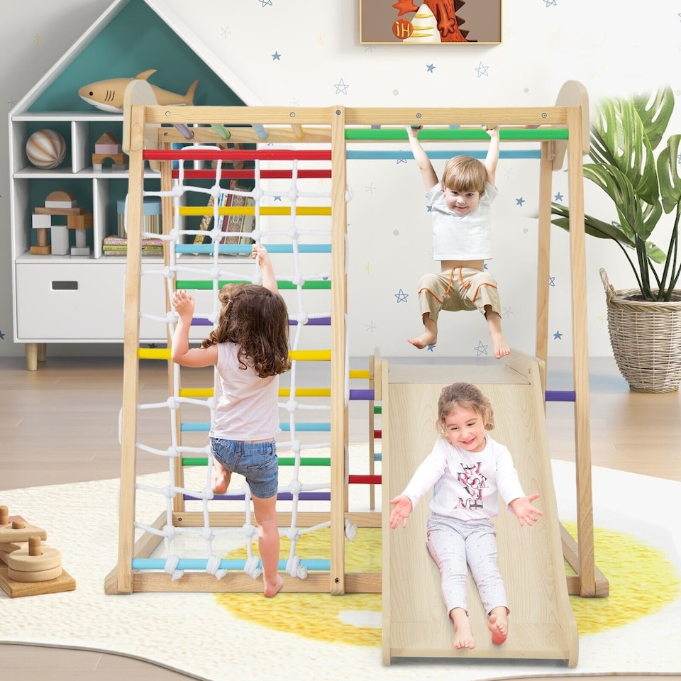 image 1 of COSTWAY 6 in 1 Wooden Climber Playset Kids Slide Jungle GymMonkey Bars Climbing Ladder