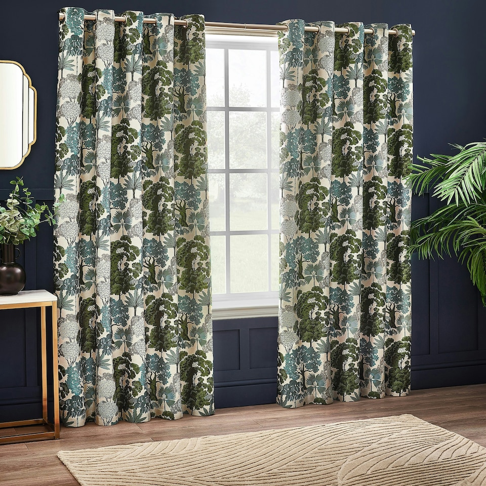 image 1 of Wylder Woodlands Floral Jacquard Green Eyelet Curtains (W)117cm x (D)137cm | Multi