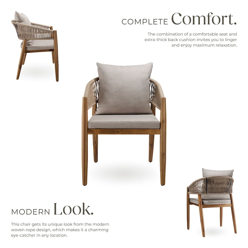 image 1 of Garden Chair Manacor in a Corded Design with Acacia Wood Frame and Matching Cushions | Cream | sand | One Size | 4