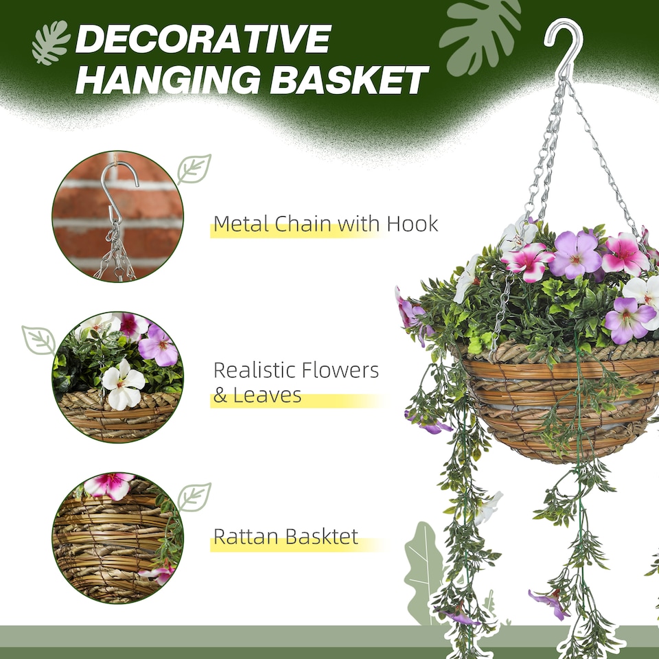 image 1 of HOMCOM Set of 2 Artificial Silk Azalea Flowers, Hanging Planters with Basket, FauPlants for Home Indoor Outdoor Decor, Pink and White