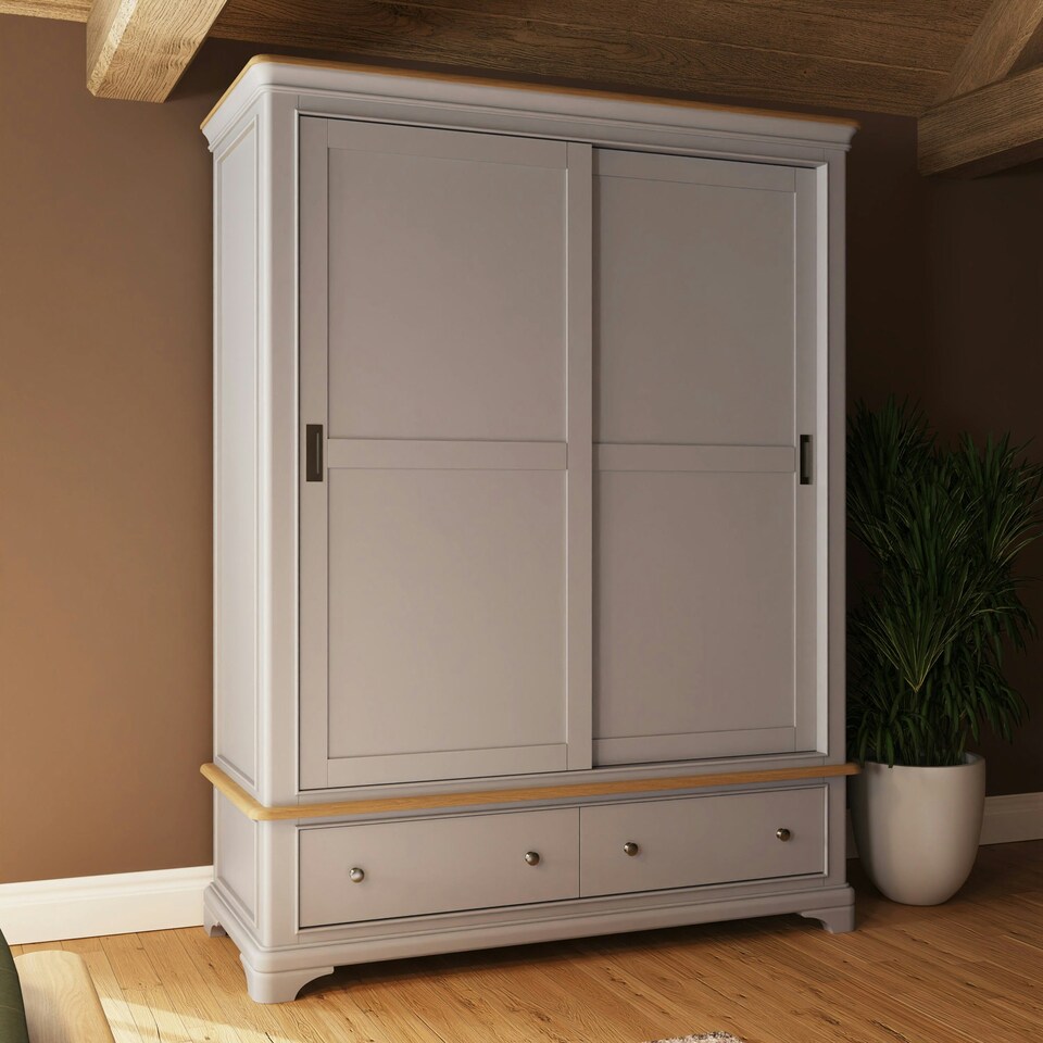 image 1 of Faire 150cm Sliding Combination Wardrobe in Dove Grey with Oak Top Grey