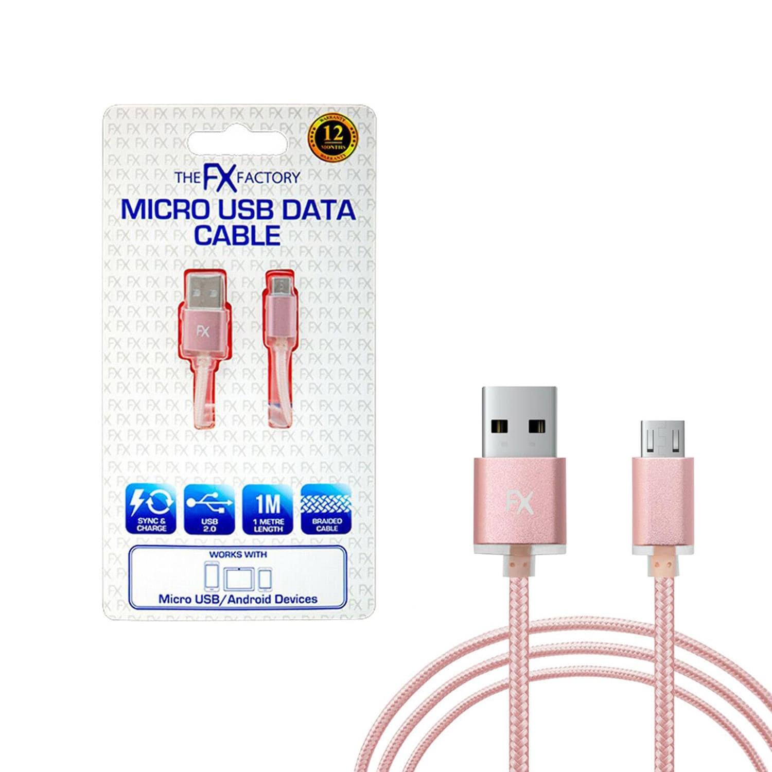 FX 1m Braided Micro USB Data Cable Rose Gold Fast Charge